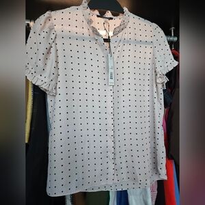 T Tahari Cream Blouse with Black Polka Dots